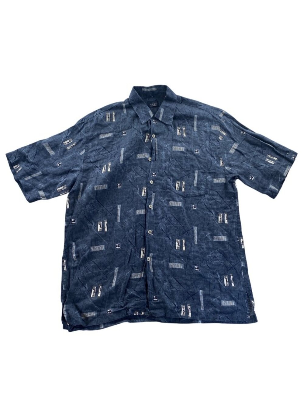 Como Sport Mens Shirt Large Blue Patterned Short Sleeve Linen Blend Loop Colar
